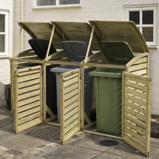 Triple Outdoor Waste Bin Storage - Natural Timber